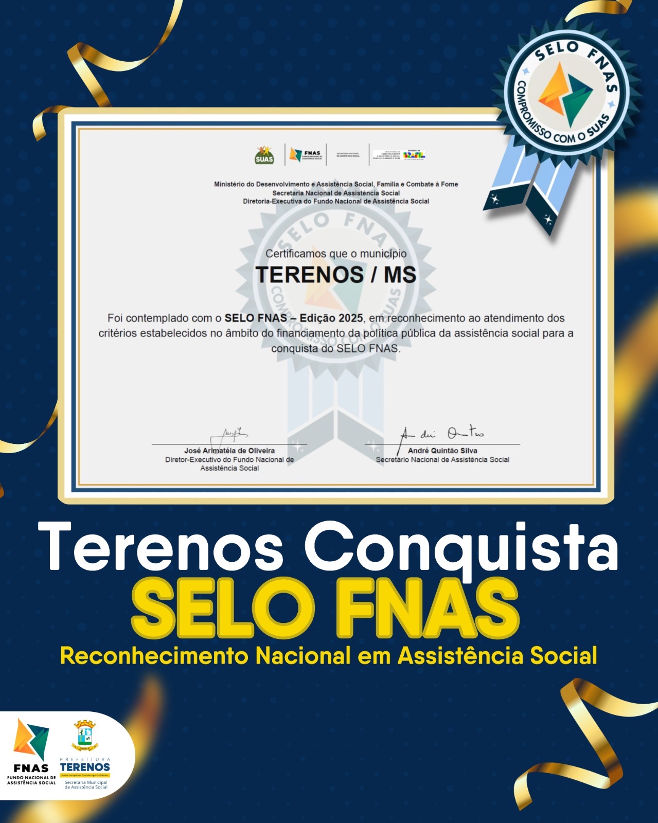 Terenos é destaque nacional recebendo Selo FNAS