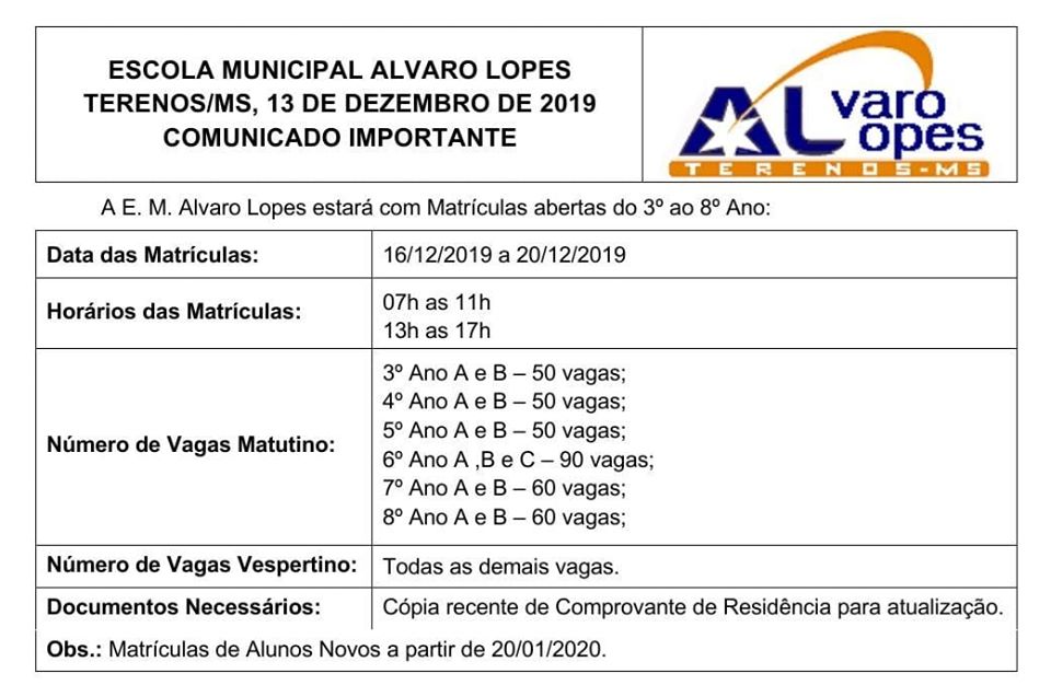 Comunicado da Escola Municipal Álvaro Lopes