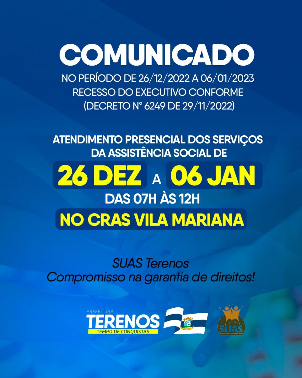 Atendimento presencial dos serviços da assistência social de 26 dez a 06 jan